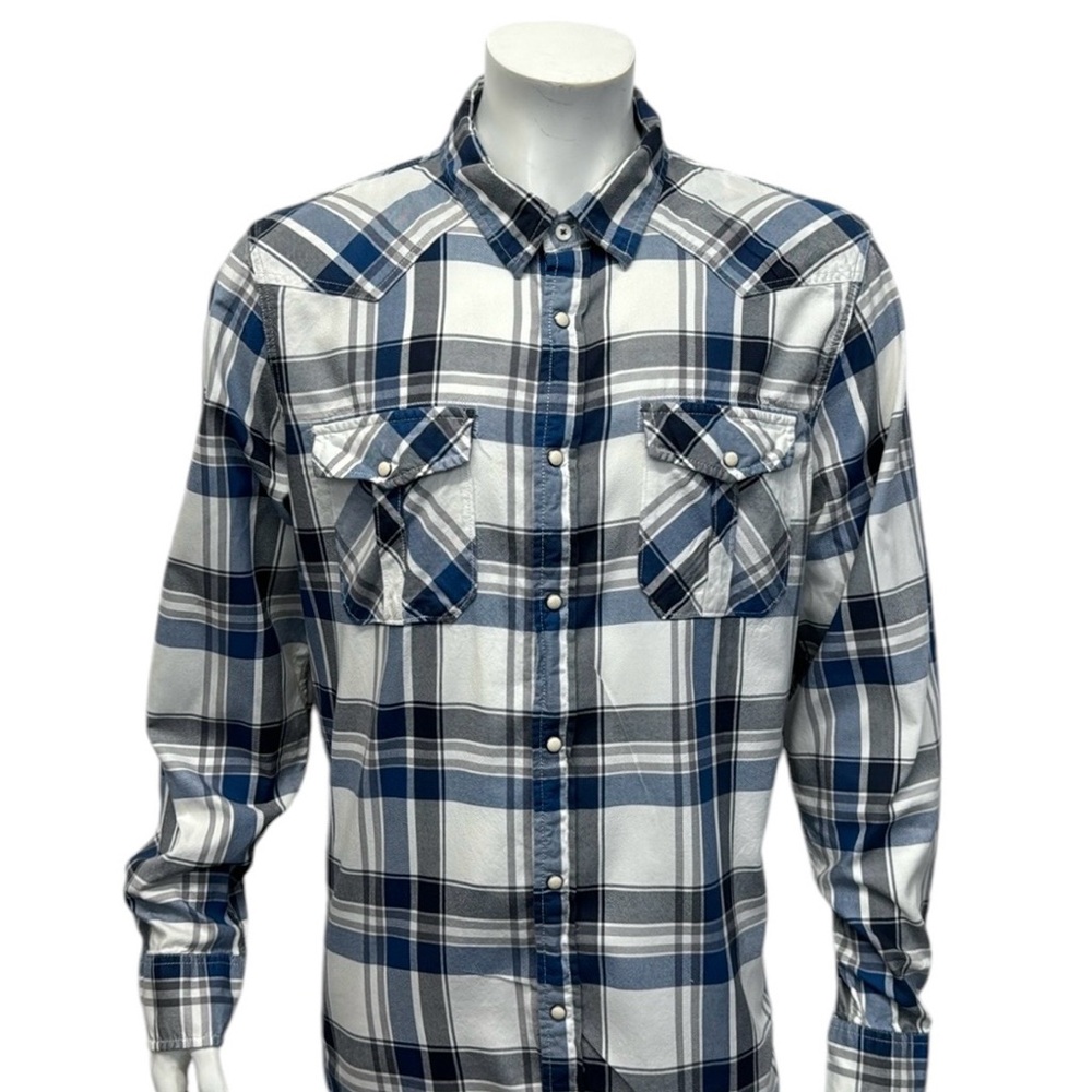 American Eagle White Blue Gray Plaid Western Vintage Fit Pearl Snaps Shirt XXL